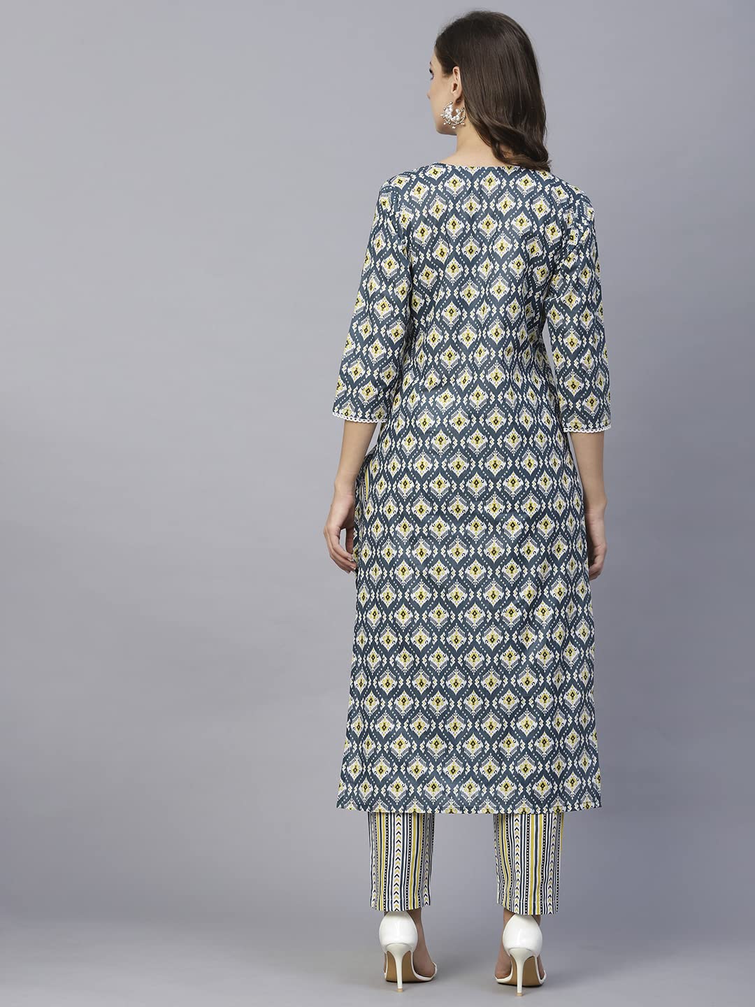 ANNI DESIGNER Womens Cotton Blend Straight Printed Kurta with Pant Set (Tbh Blue_3XL_Blue_XXX-Large)