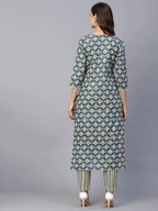 ANNI DESIGNER Womens Cotton Blend Straight Printed Kurta with Pant Set (Tbh Blue_L_Blue_Large)