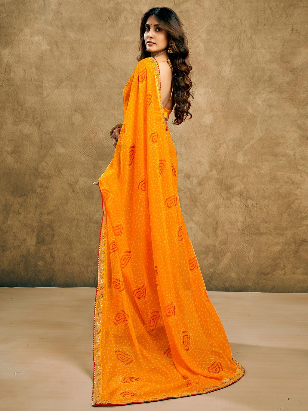 Satrani Womens Georgette Bandhani Printed Saree with Unstitched Blouse Piece