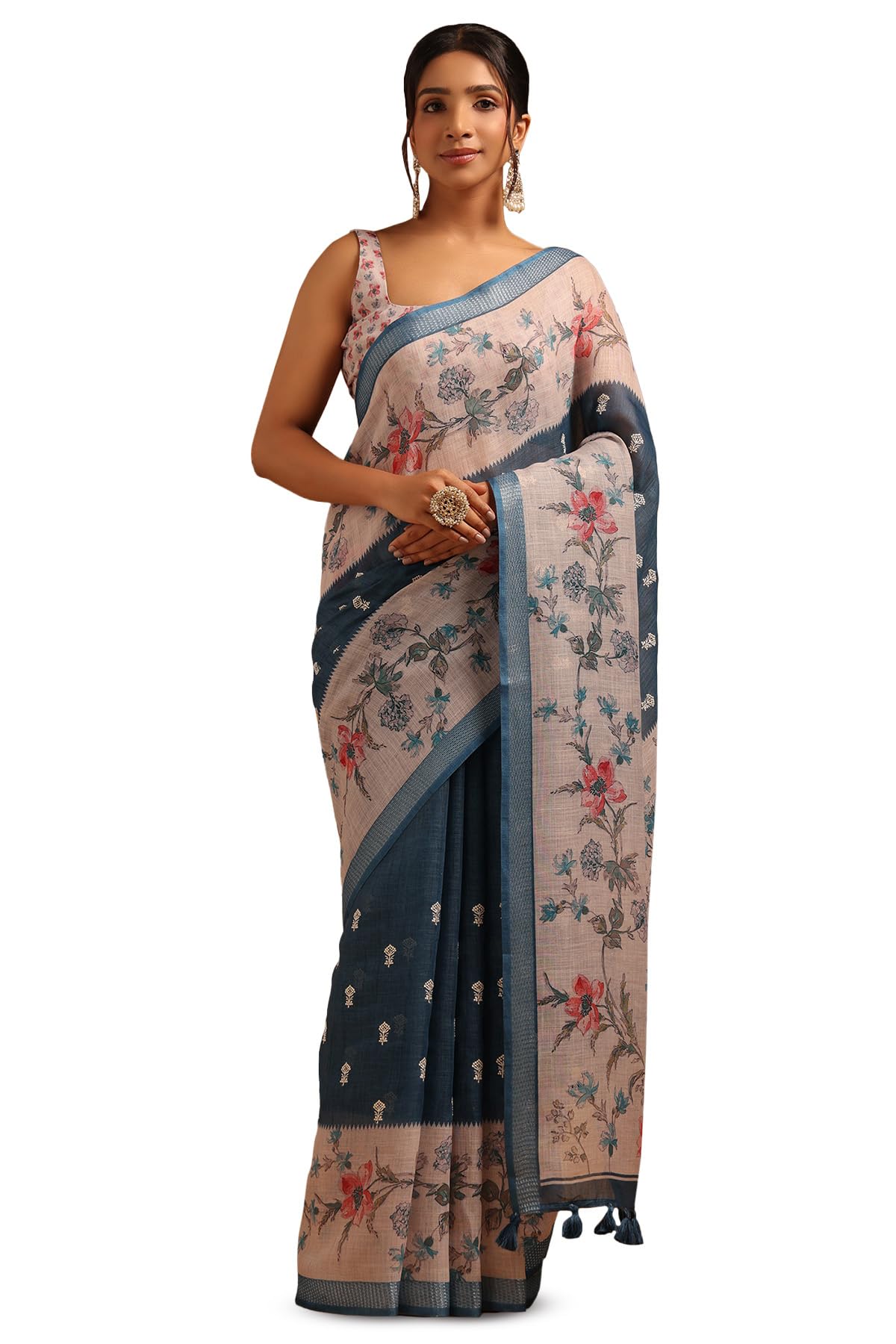 Soch Women Linen Botanical Saree with Machine Embroidery