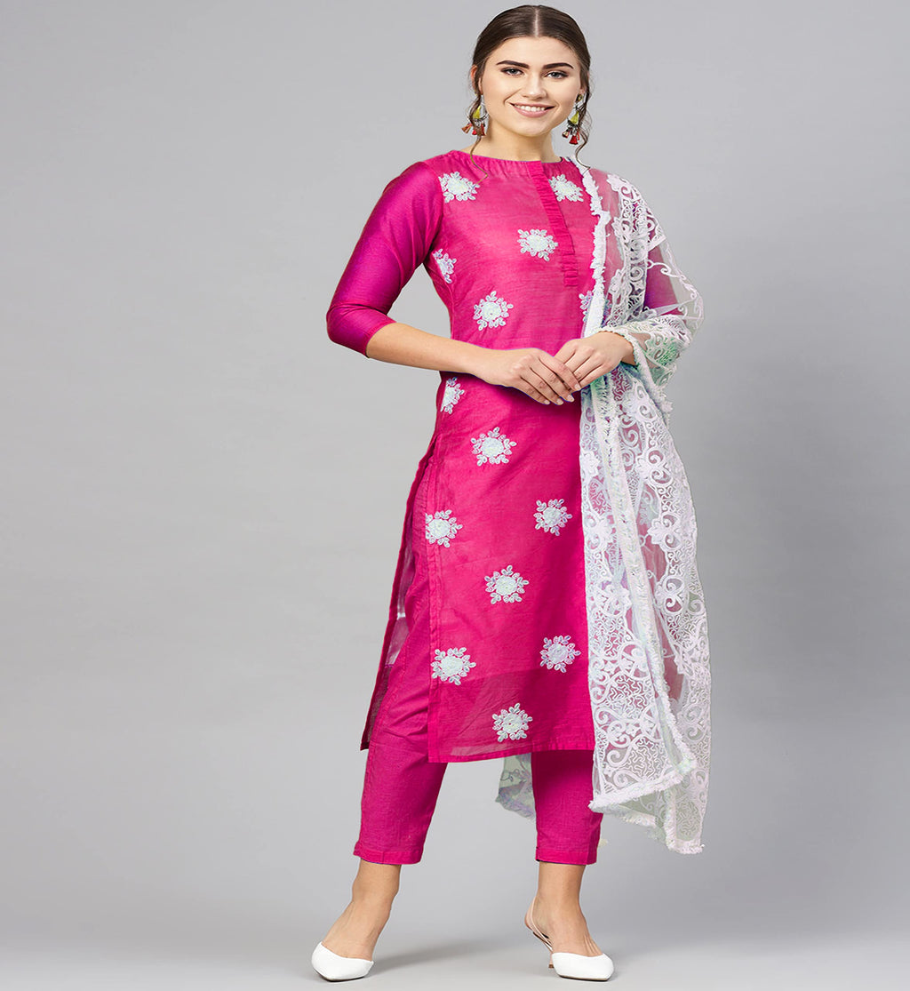 ANNI DESIGNER Womens Ruby Cotton Straight Embroidery Kurti with Pant & Dupatta Set (White-Show Pink_XXL Pink_XX-Large)