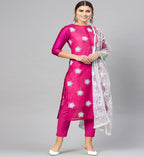 ANNI DESIGNER Womens Ruby Cotton Straight Embroidery Kurti with Pant & Dupatta Set (White-Show Pink_XXL Pink_XX-Large)
