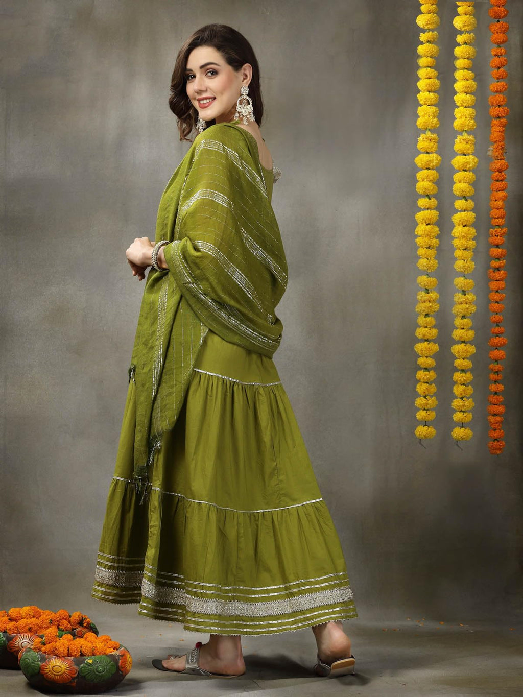 Stylum WomenS Embroidered Cotton Tiered Kurta With Dupatta