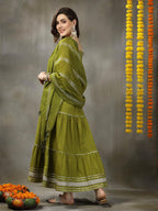 Stylum WomenS Embroidered Cotton Tiered Kurta With Dupatta