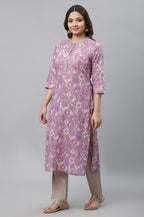 Aurelia WomenS Geometric Printed Printed Straight Long Purple Cotton Kurta