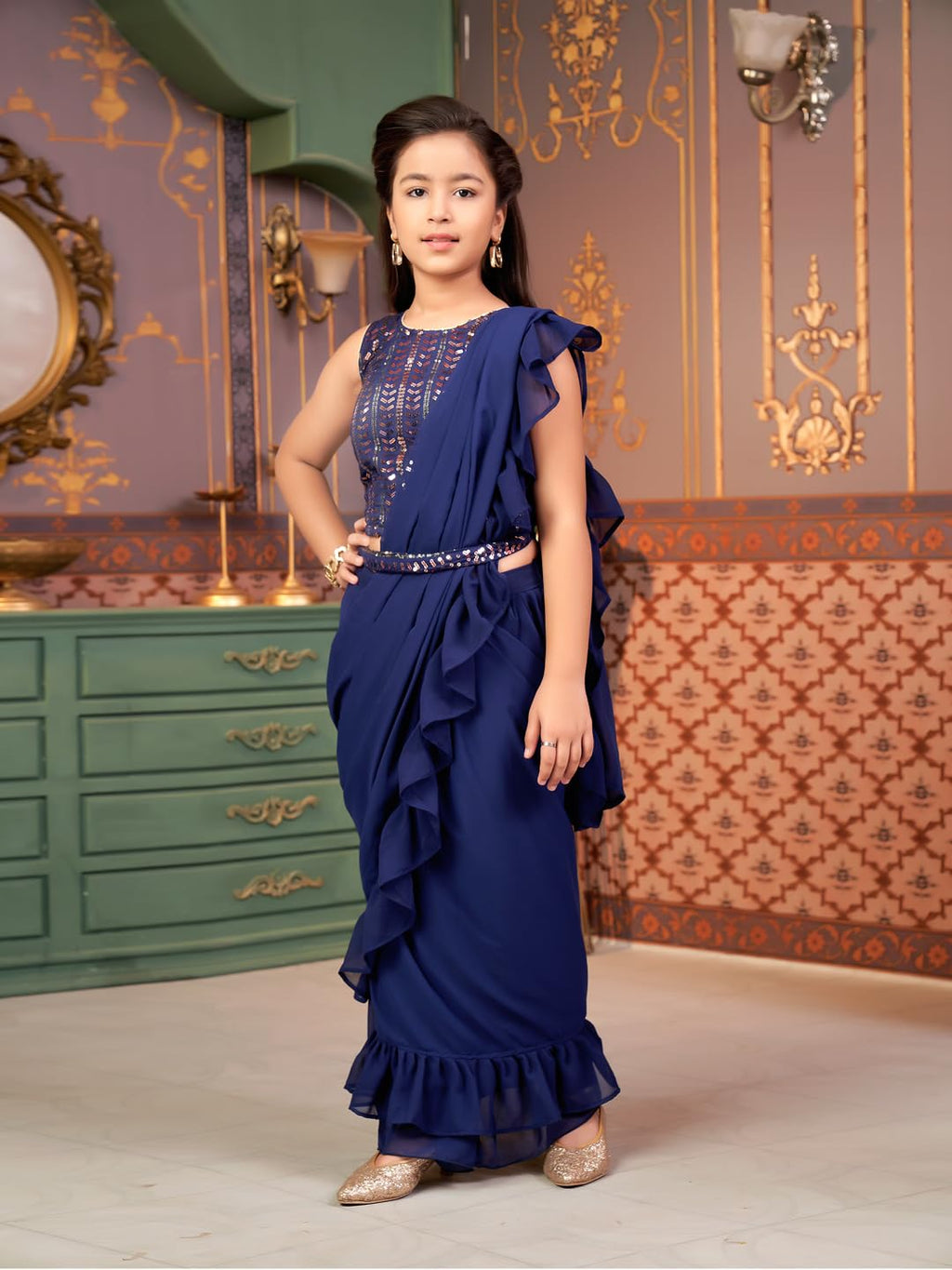 Aarika Girls Ethnic Wear Navy-Blue Colour Sequin Embroidery Georgette Lehenga Choli Set With Attached Dupatta-(4-9 Years)-(Lch-S