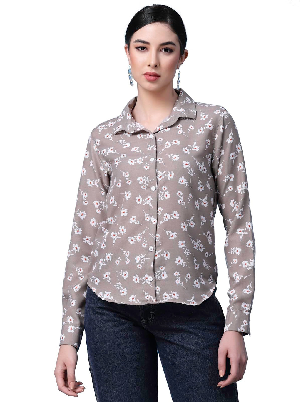 OOMPH! Shirts for Women, Floral Printed, Brown