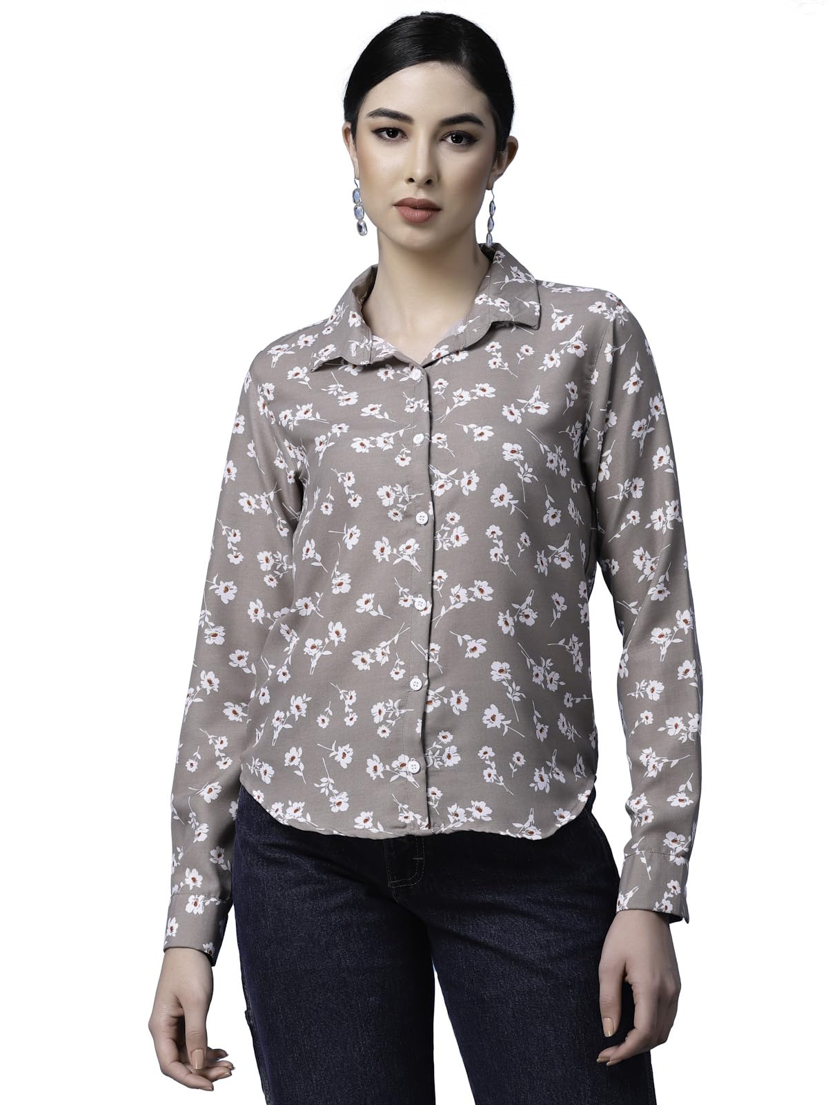 OOMPH! Shirts for Women, Floral Printed, Brown