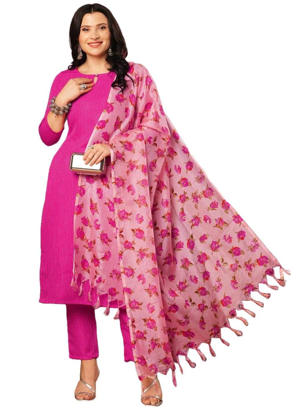 ANNI DESIGNER Ladies Viscose Rayon Kurta with Trousers and Dupatta, pink, S