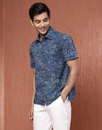 Fabindia MenS Printed Straight Fit Shirt (1038598Blue_Blue