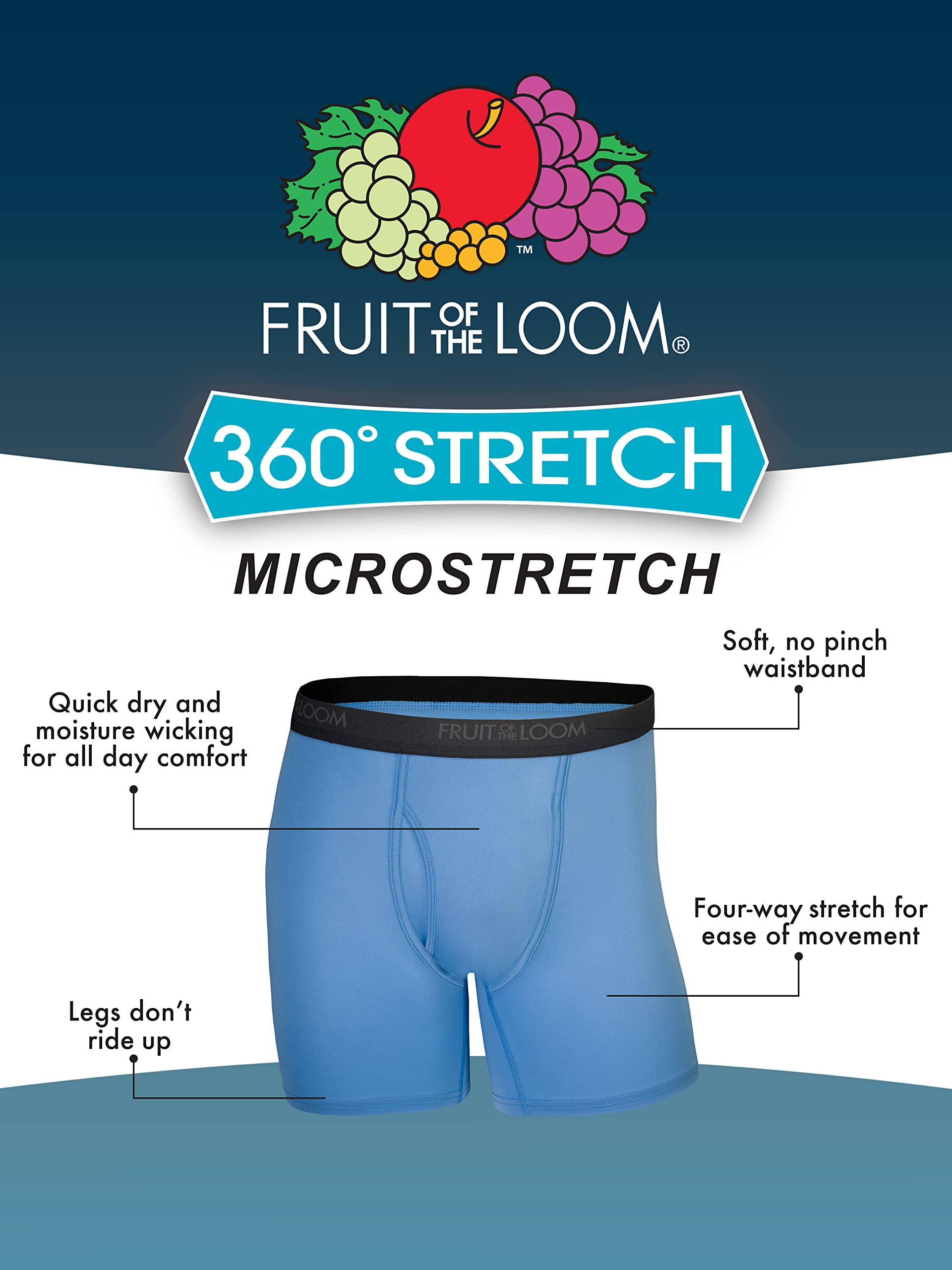 Fruit of the Loom mens 360 Stretch (Quick Dry & Moisture Wicking) Boxer Briefs, Regular Leg - Micro Stretch 5 Pack Assorted Colo