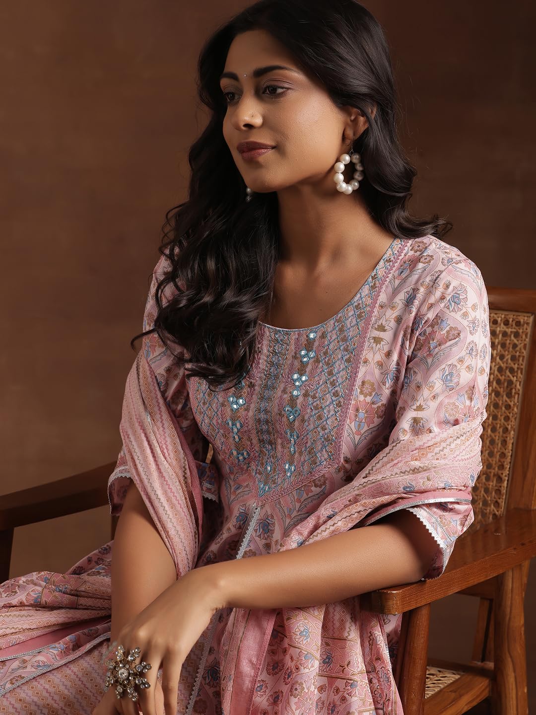 Libas Womens Printed Cotton A-Line Kurta With Palazzos And Dupatta
