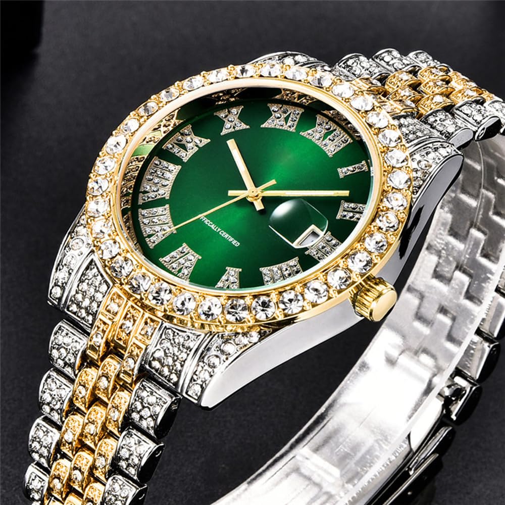 Hip Hop Watches for Men Iced-Out Bling Diamond Luxury Quartz Watches with Date (Green)