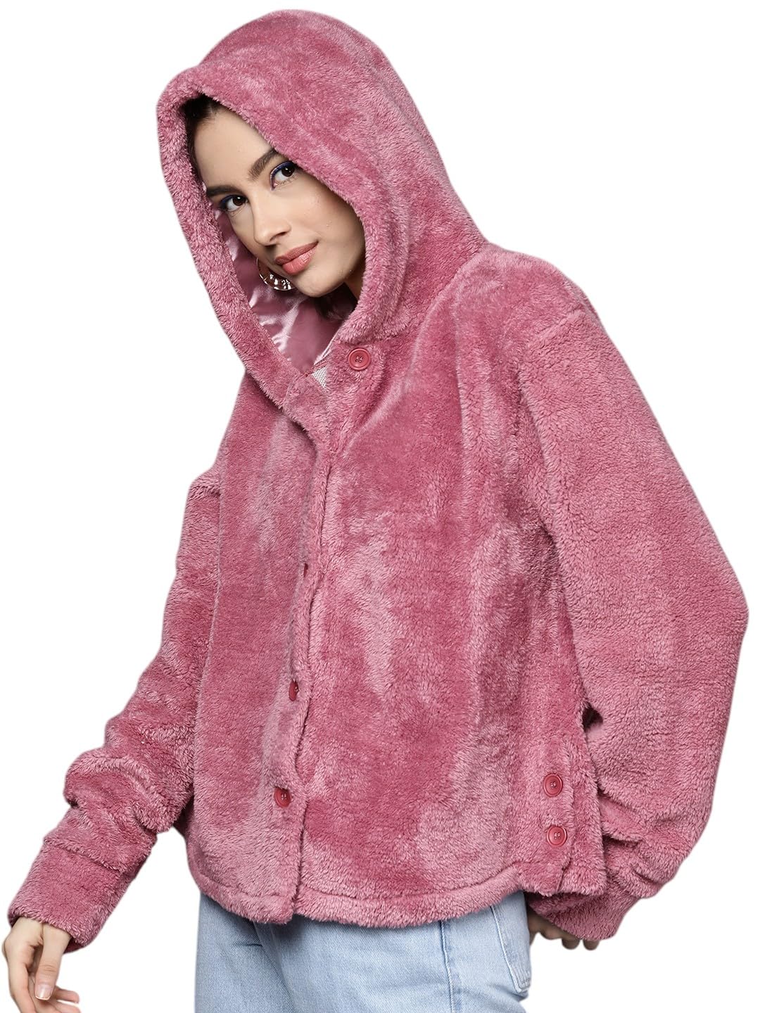 SASSAFRAS Pink Faux Fur Front Button Hooded Jacket 2
