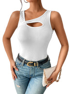 Sugathari Womens White Cut Out Asymmetrical Neck Rib Knit Jeans Korean Trendy Tank Western Tops for Women Stylish (T-Shirt 182 