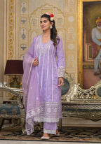 Varanga Women Lavender V-Neck Embroidered, Cotton Lace Detailed Anarkali Kurta Paired With Palazzo & Embroidered Dupatta