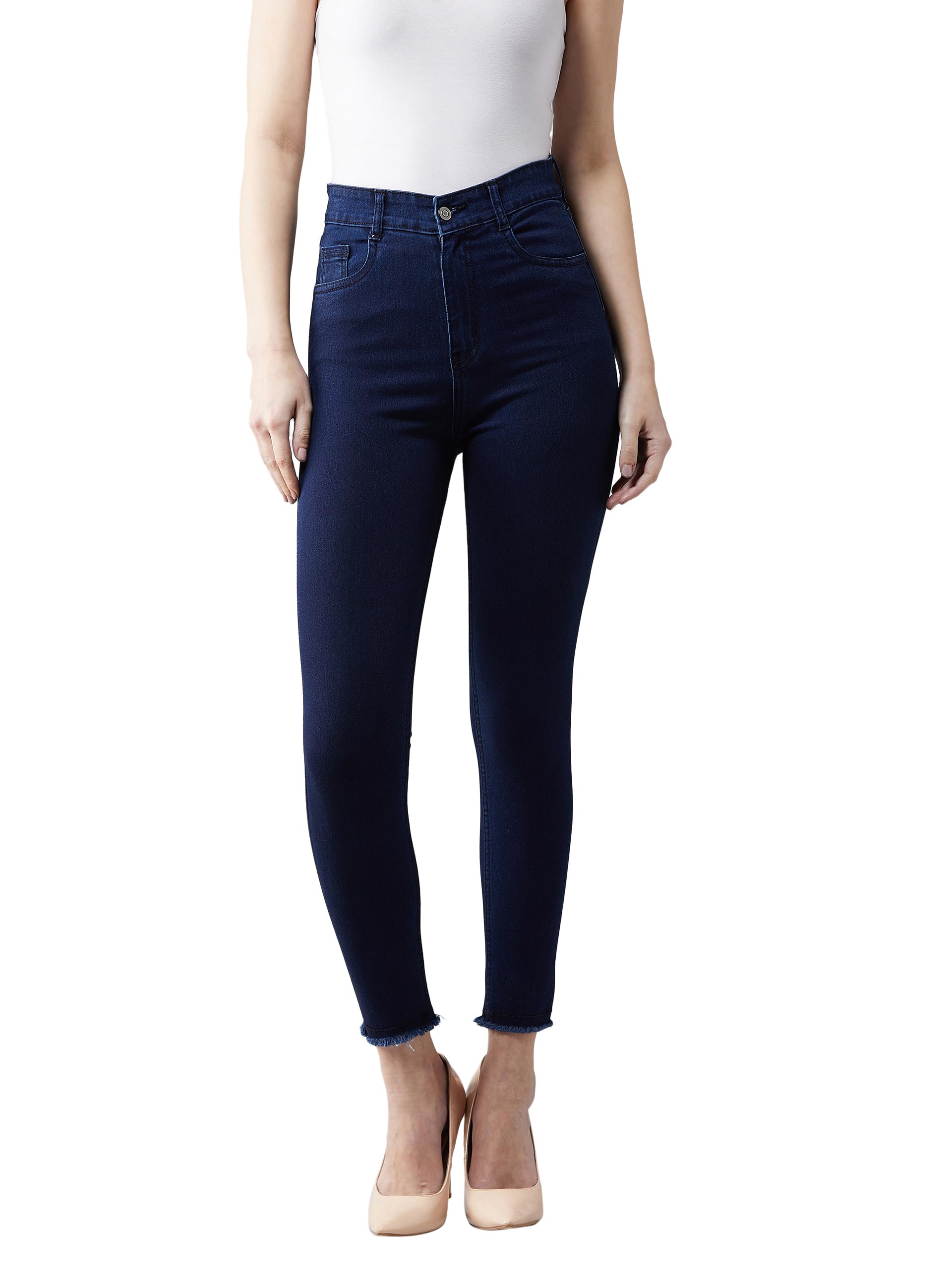 Dolce Crudo WomenS Navy Blue Skinny High Rise Solid Clean Look Cropped Fringed Hemline Stretchable Denim Jeans (Doss19Den08-23-7