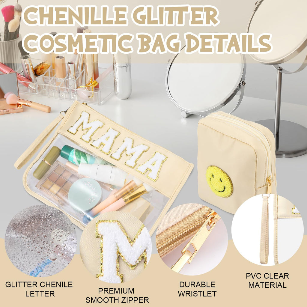 Hillban 2 Pcs Mama Gifts Mama Bag Set MAMA Chenille Letter Bags Preppy Patch Makeup Bag for Hospital Beach Travel Bags Aesthetic