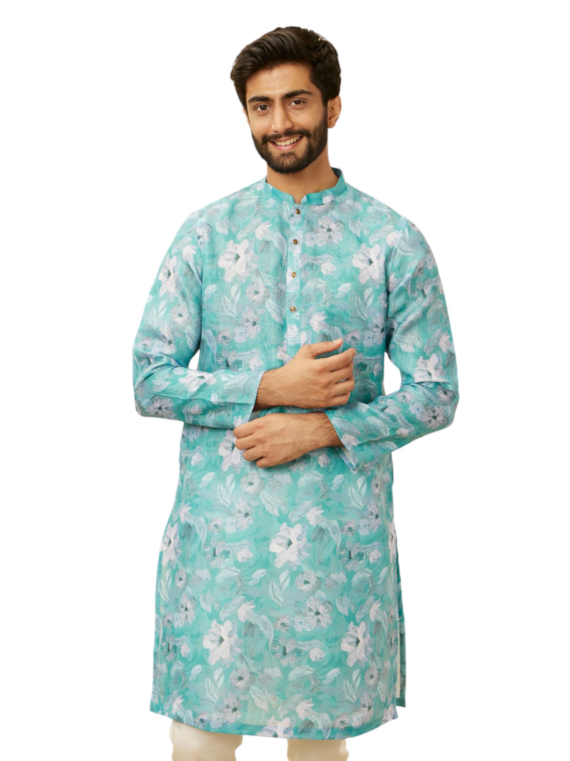 Manyavar MenS French Rose Pink Floral Printed Kurta (Xxl)