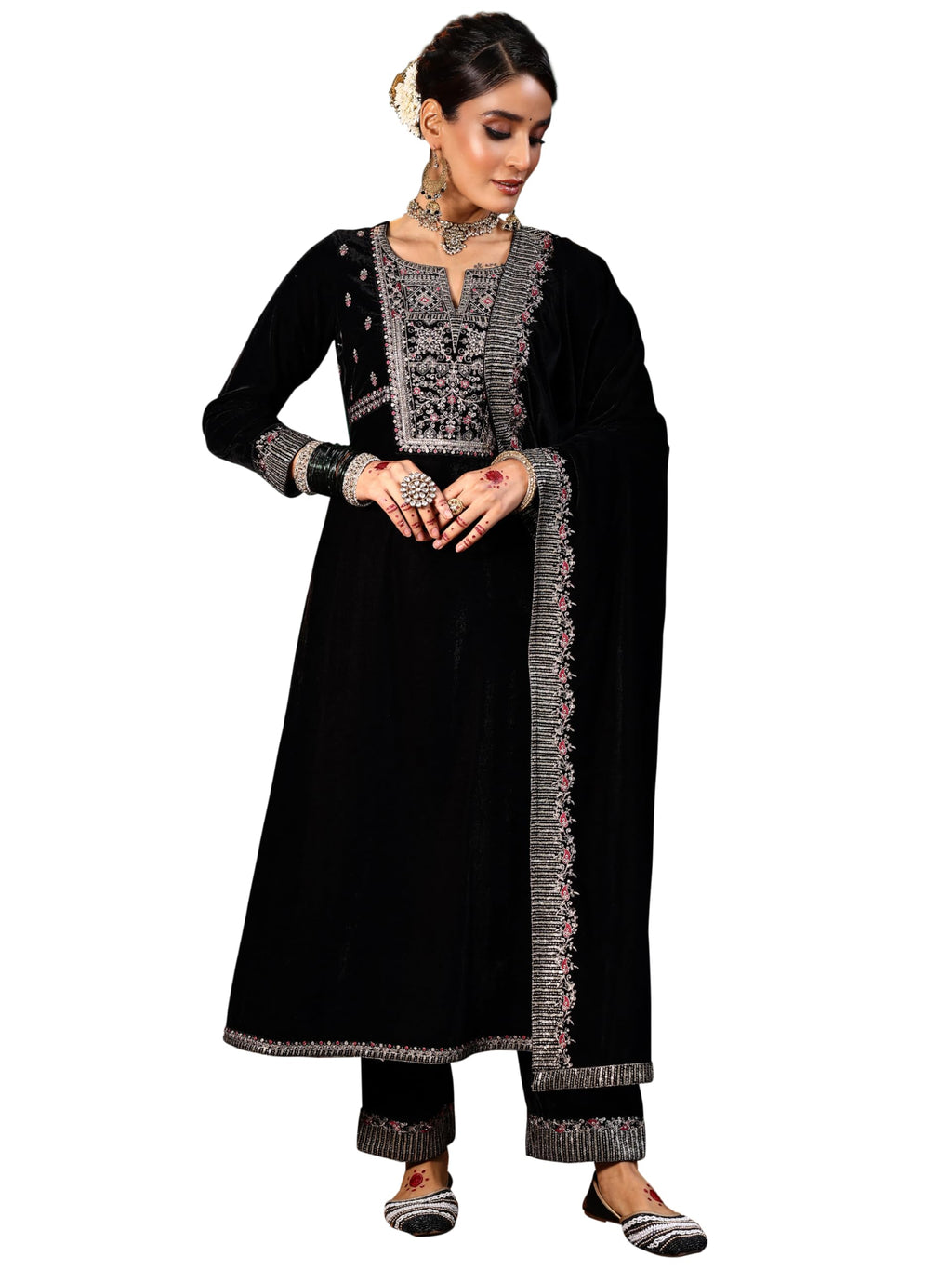 Libas Womens Embroidered Velvet A-Line Kurta With Trousers And Dupatta Black