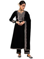 Libas Womens Embroidered Velvet A-Line Kurta With Trousers And Dupatta Black