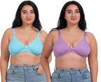 Fabme WomenS Cotton Wire Free Casual Balconette Bra (Pack Of 2) (Po2-Br_219_Seagreen, Lavender
