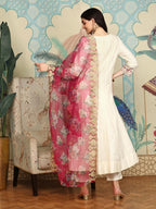 ishin White Floral Embroidered Thread Work Straight Kurta With Trousers & Dupatta | Kurta set for women | Kurta with trousers an