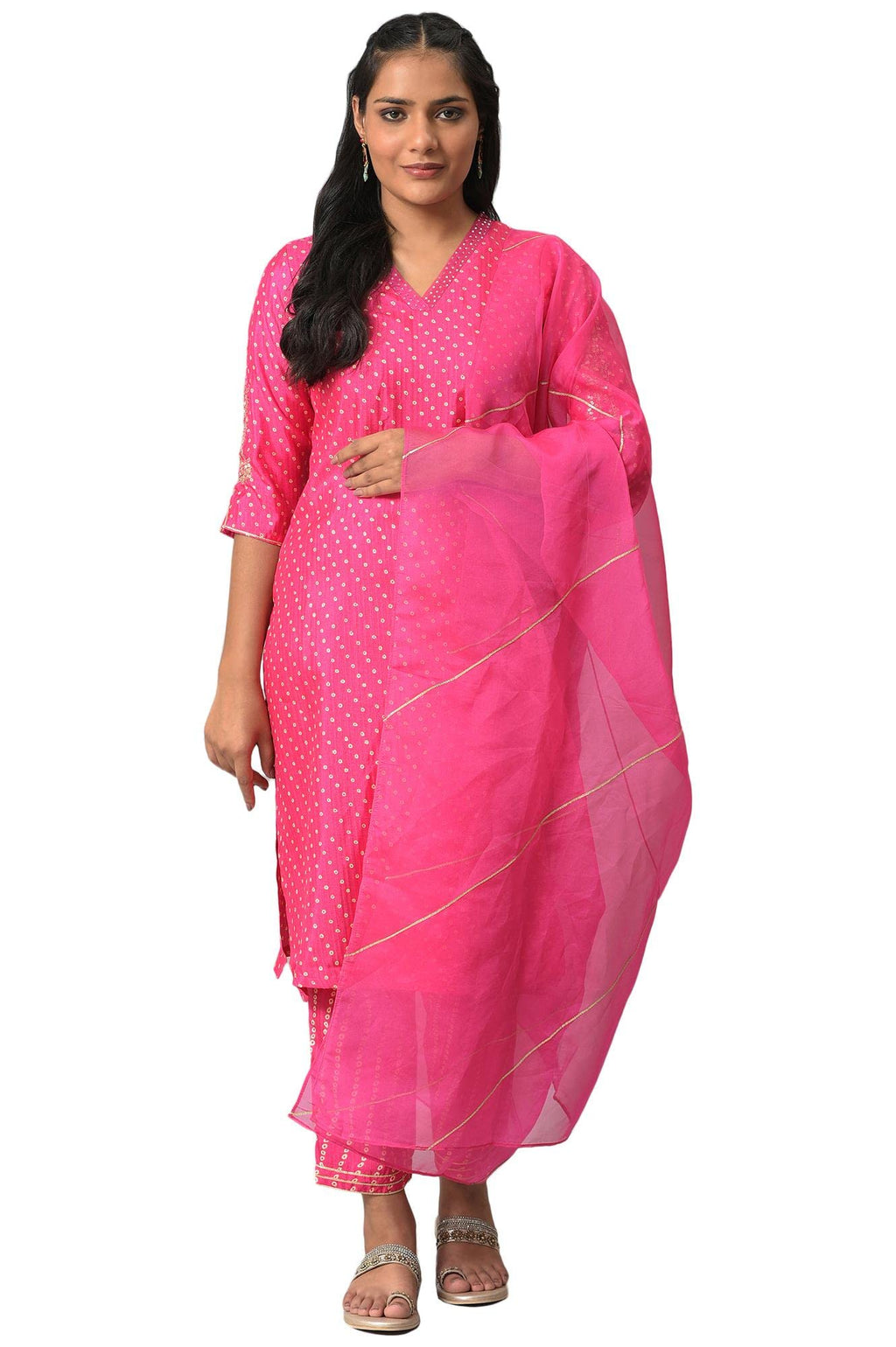 W For Woman Dark Pink Embroidered Kurta Dupatta Bottomwear
