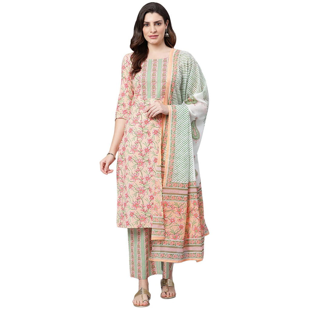 Idalia Peach Printed Kurta With Printed Palazzo Pants And Dupatta