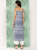 Blue And White Shibori Printed Spaghetti Strap Style Straight Kurta With Side Slits, With Adjuster Details On Strap