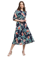 Preneum WomenS Maxi Fit & Flare Latest Style Print Georgette Regular Sleeves Casual Summer Maxi | Festival & Occasion, Navy Blu