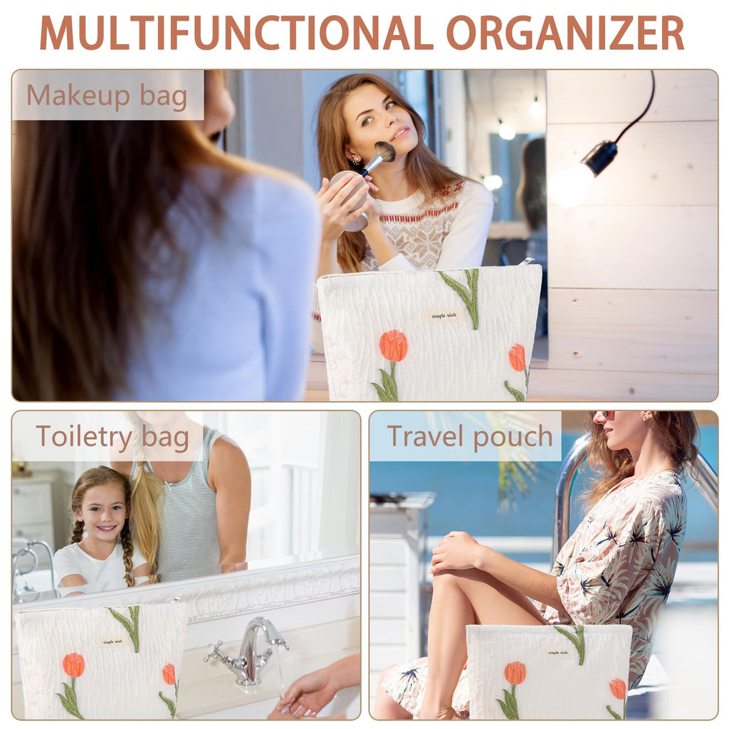 ZLFSRQ Tulip Makeup Bag for Women Floral Makeup Pouch for Purse Zipper Cosmetic Bag Large Capacity Quilted Canvas Cute Aesthetic