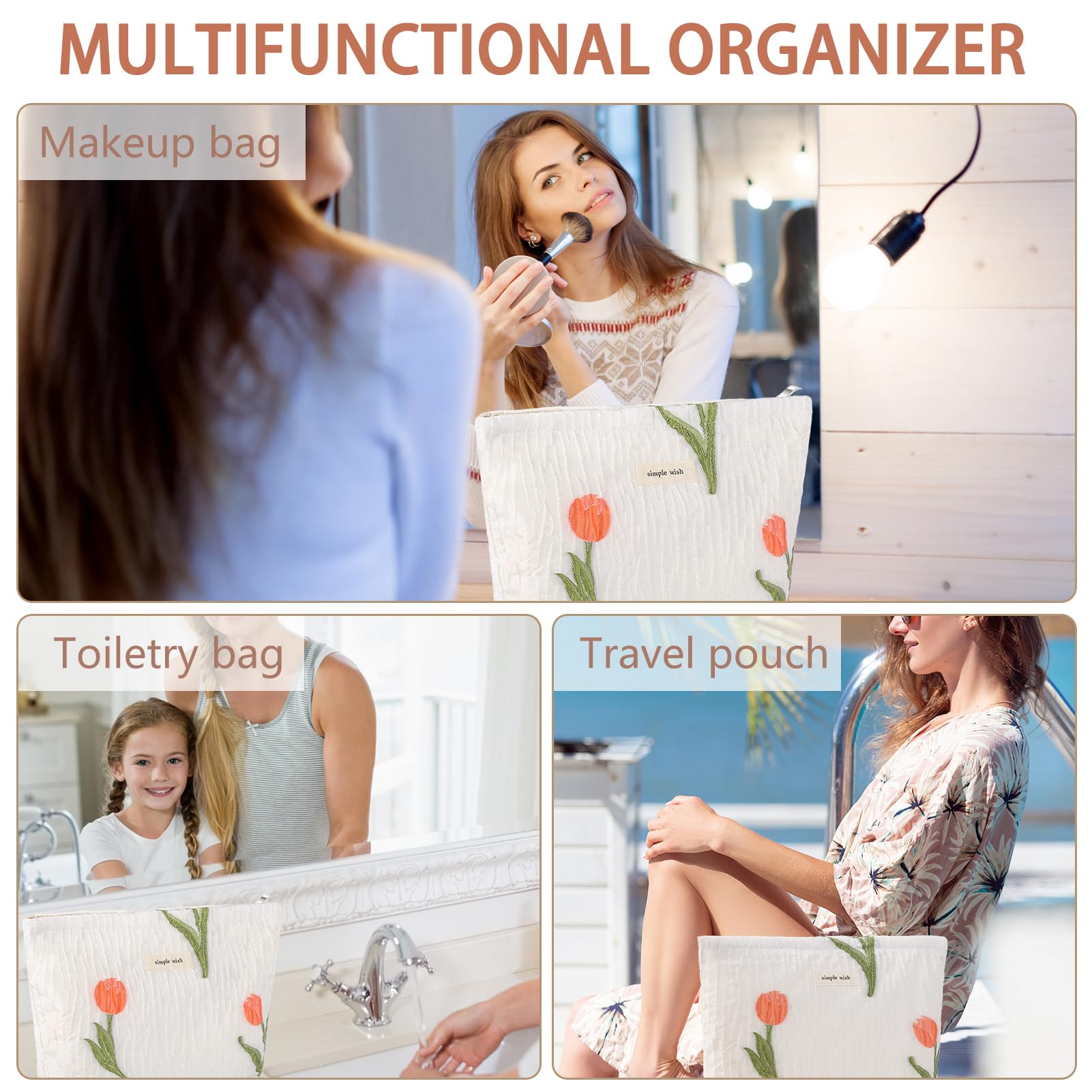 ZLFSRQ Tulip Makeup Bag for Women Floral Makeup Pouch for Purse Zipper Cosmetic Bag Large Capacity Quilted Canvas Cute Aesthetic