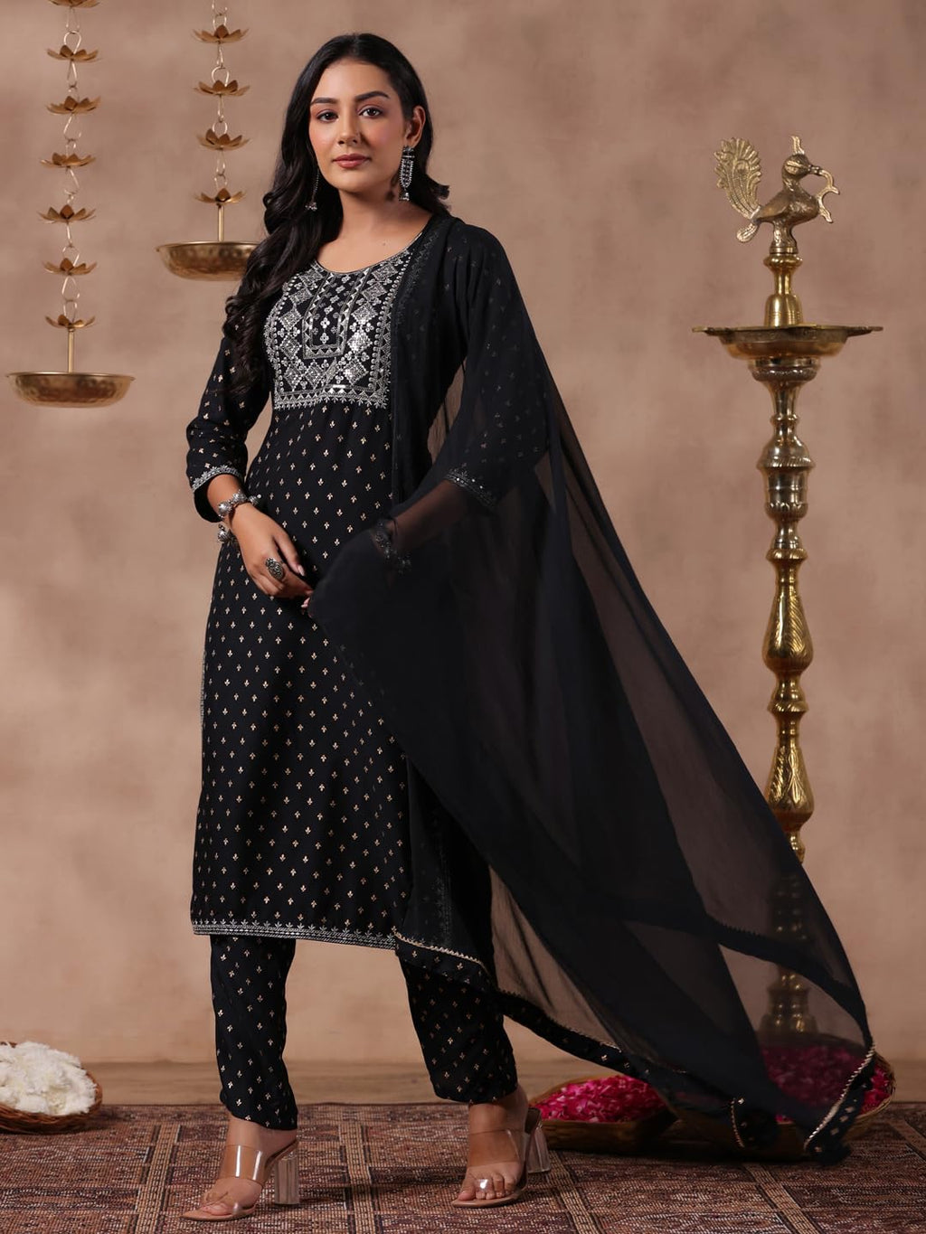 Anubhutee Women'S Black Ethnic Motifs Zari Work Straight Kurta With Trousers & Dupatta