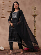 Anubhutee Women'S Black Ethnic Motifs Zari Work Straight Kurta With Trousers & Dupatta