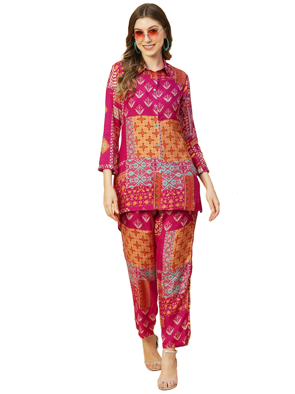 ANNI DESIGNER Womens Cotton Blend Straight Floral Printed Co-Ord Set (ABC Cod Pink_L_Pink_Large)