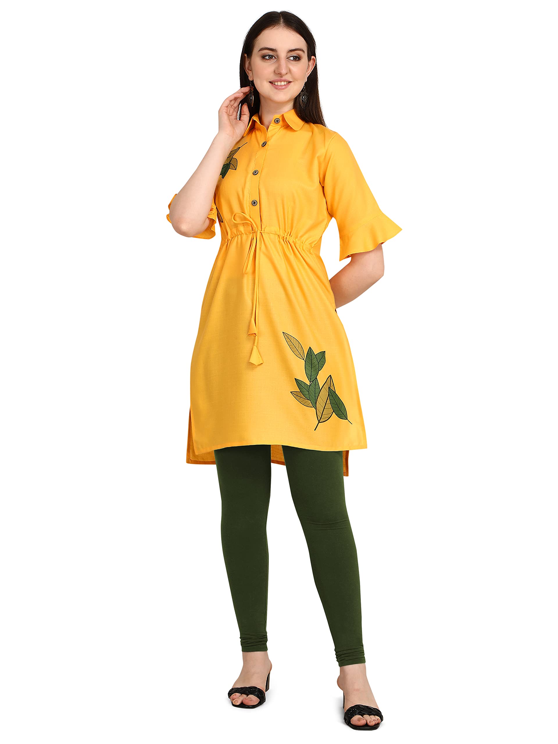 Leriya Fashion Designer Slub Cotton Fully Stitched Anarklai Kurti For Women & Girls On Jeans Palazzo & Skirt (Yellow, Medium)