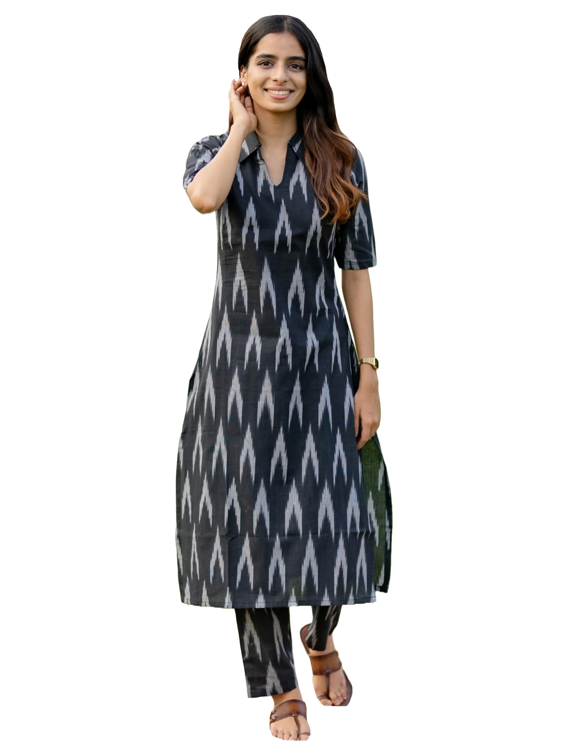 ANNI DESIGNER Womens Rayon Viscose Straight Ikkat Printed Kurta with Pant (Demeter Black_M_Black_Medium)