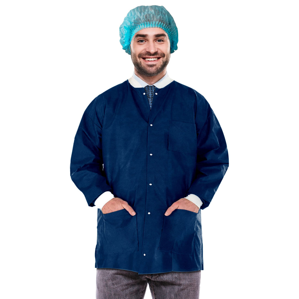 EZgOODZ Disposable Lab Jackets 29 Long Pack of 100 True Blue Hip-Length Work gowns Small SMS 50 gsm Shirts with Snaps Front Knit