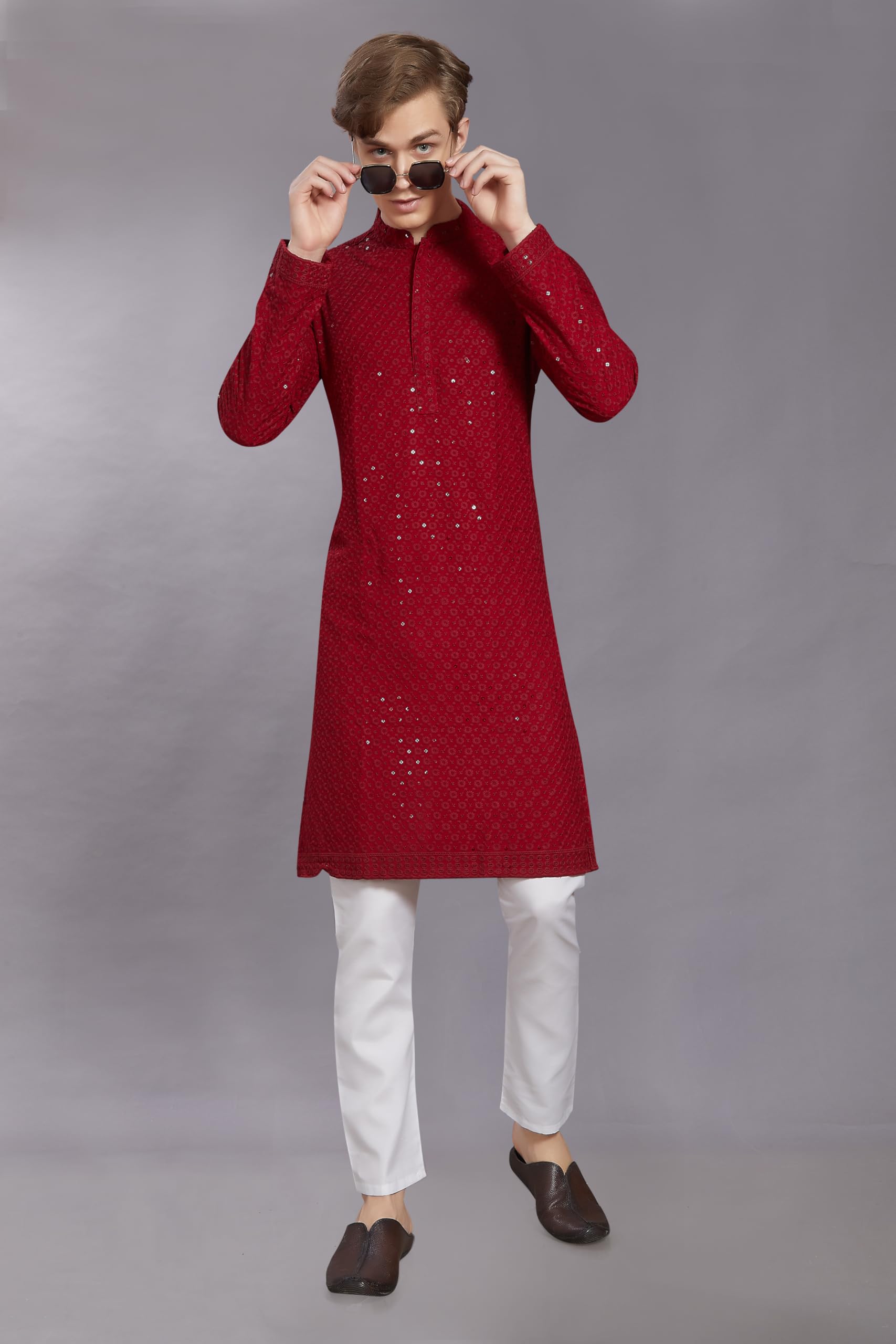 DIVISIVE Mens Sequince Embroidered Cotton Blend Only Slim Fit Kurta (DKRT20_5XL_Maroon)