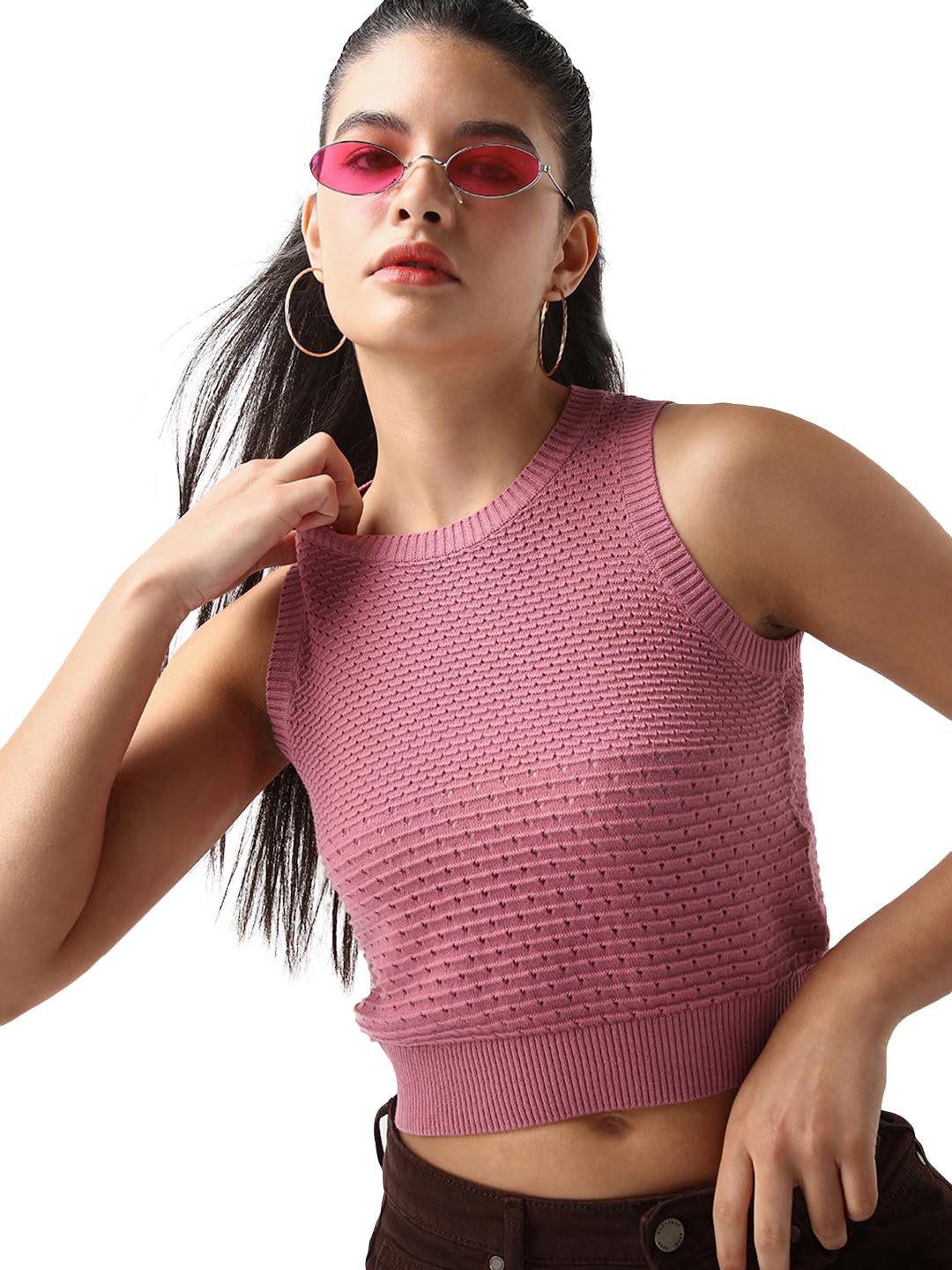 Bewakoof WomenS Textured Slim Fit Sleeveless Round Neck 100% Cotton Short Top_645217_Mauve_M