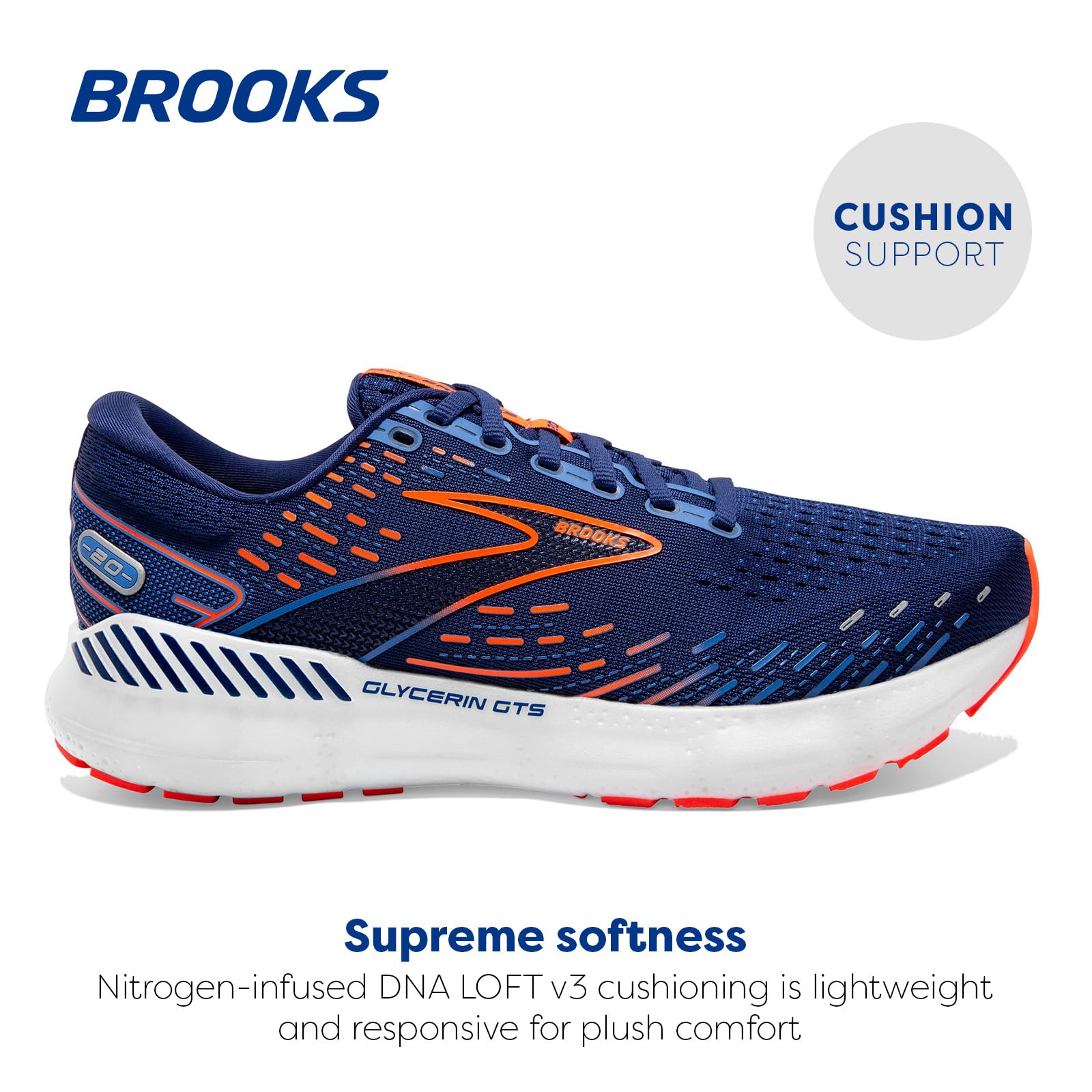 Brooks Men's Glycerin GTS 20 Supportive Running Shoe - Blue Depths/Palace Blue/Orange - 12 Medium
