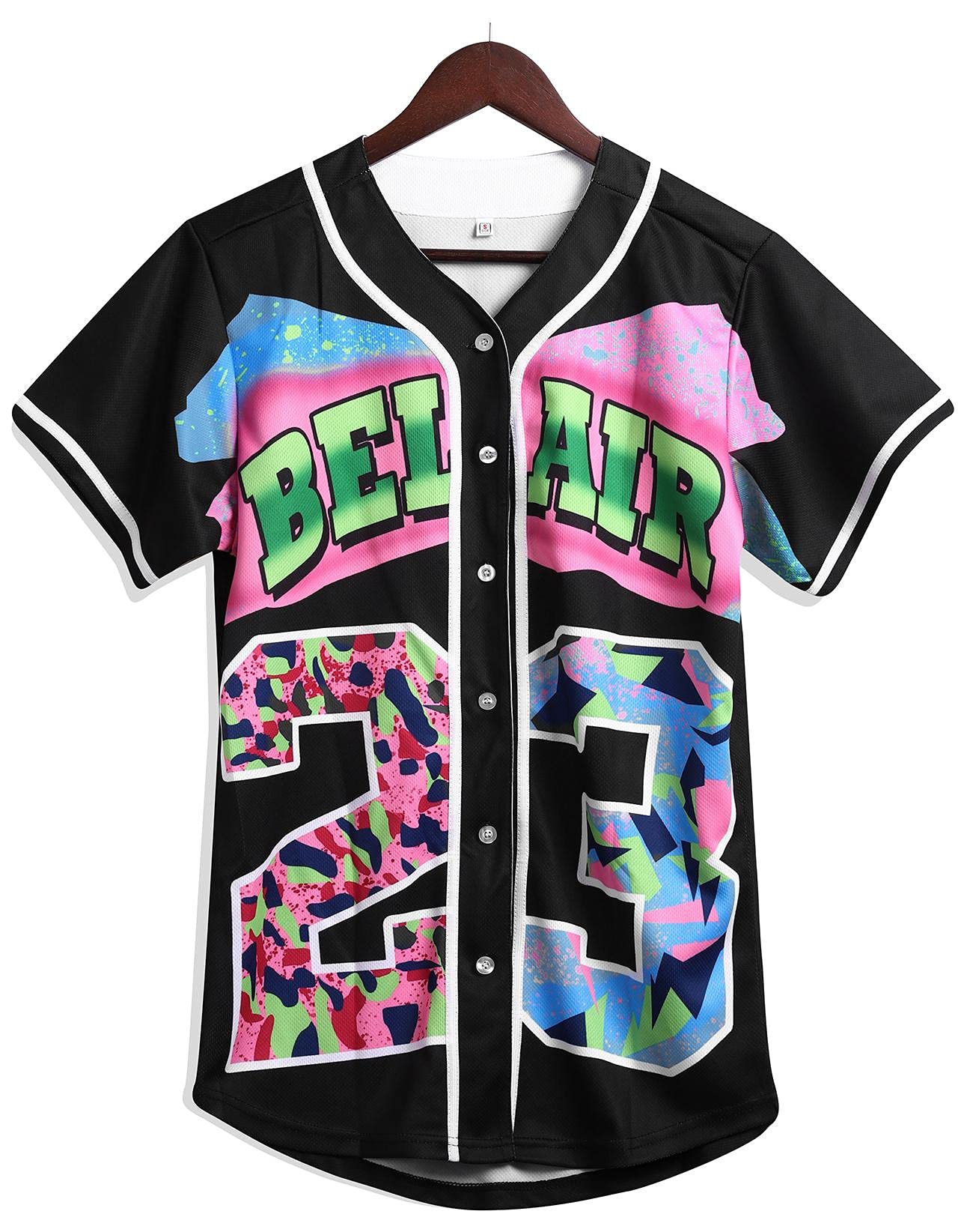 Amzdest 90s clothing for Women, Unisex Hip Hop Outfit for Party, Bel Air 23 Baseball Jersey for Party, Short Sleeve Button Down 