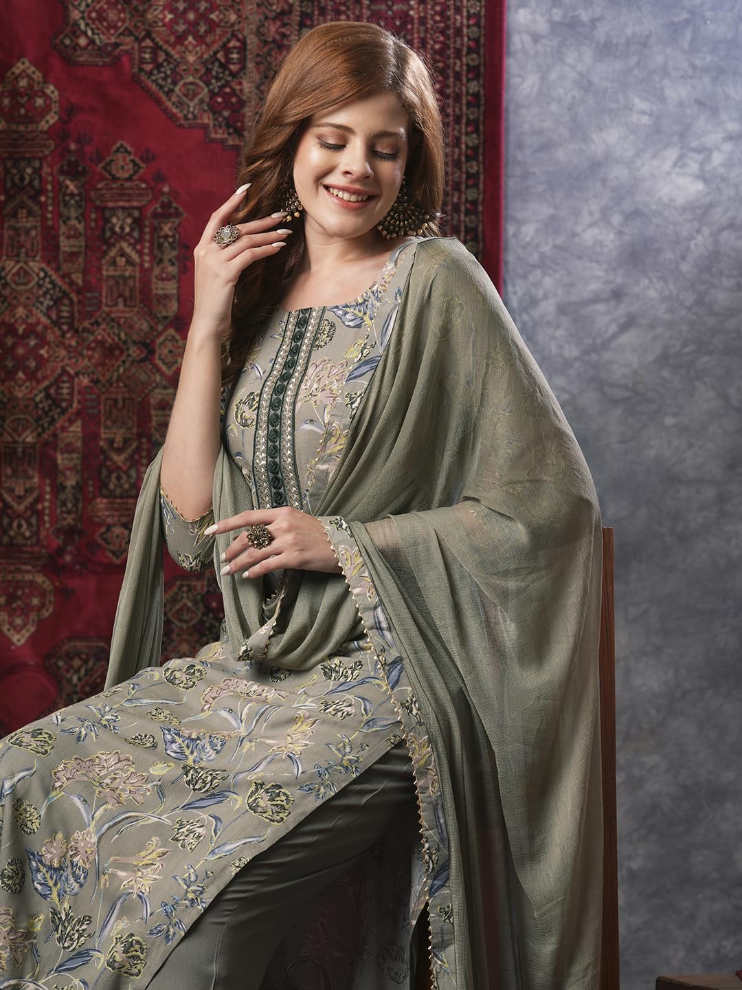 ANNI DESIGNER Women s Casual Rayon Blend Dupatta Kurta Pants, grey, XL