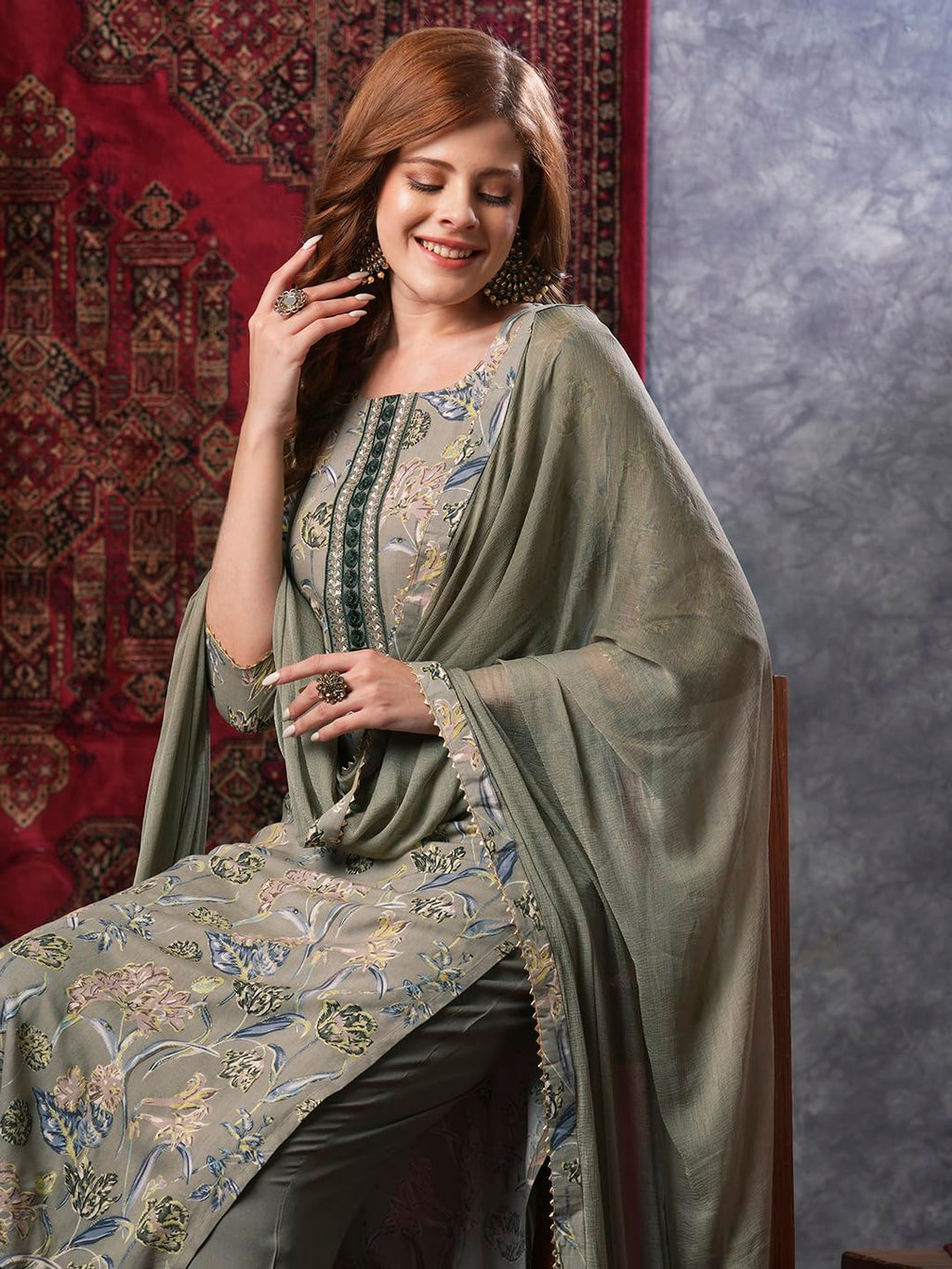 ANNI DESIGNER Women s Casual Rayon Blend Dupatta Kurta Pants, grey, M