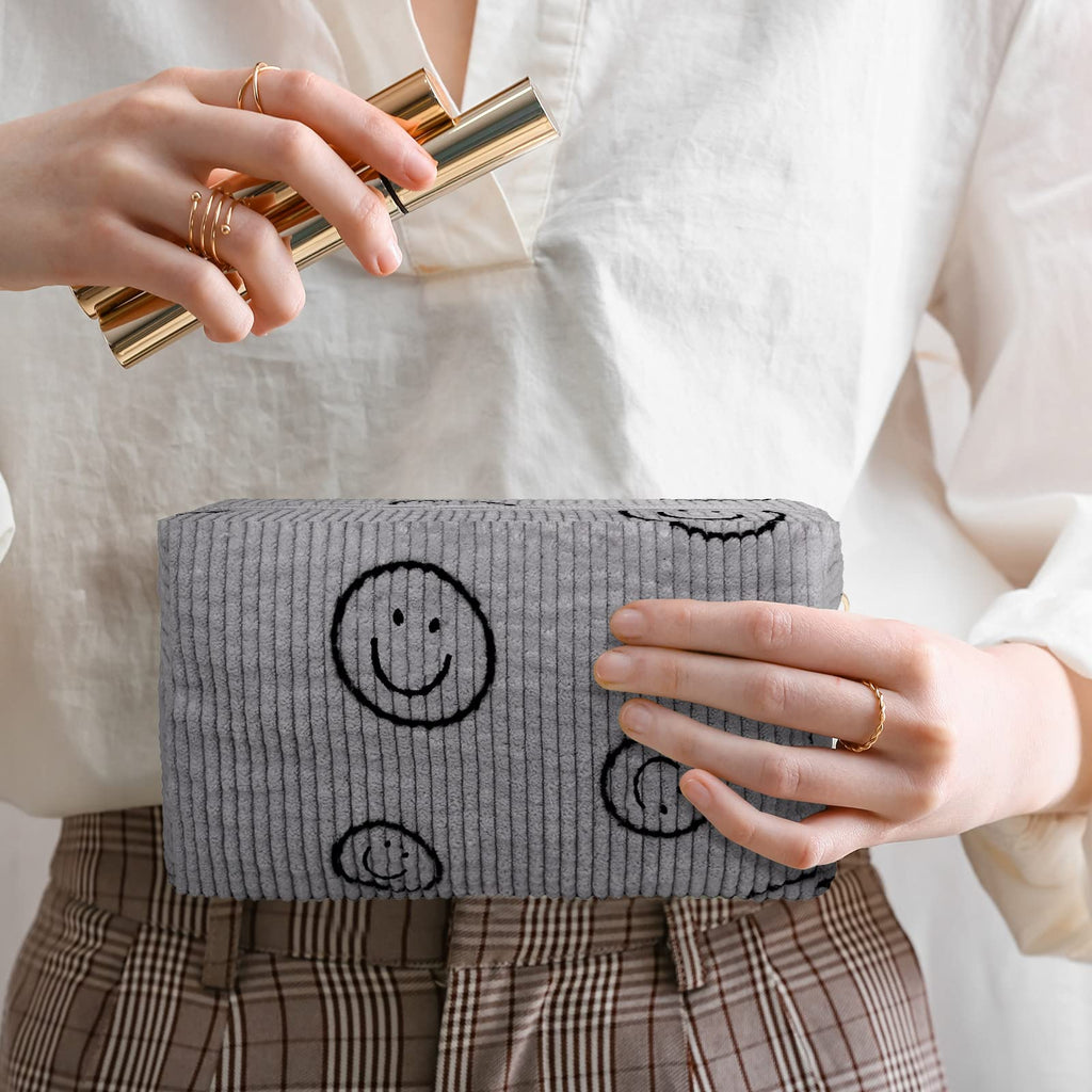 Photect 3 Pcs Corduroy Cosmetic Bag Smile Face Aesthetic Preppy Makeup Bag Corduroy Toiletry Aesthetic Pouch Travel Smile Bags