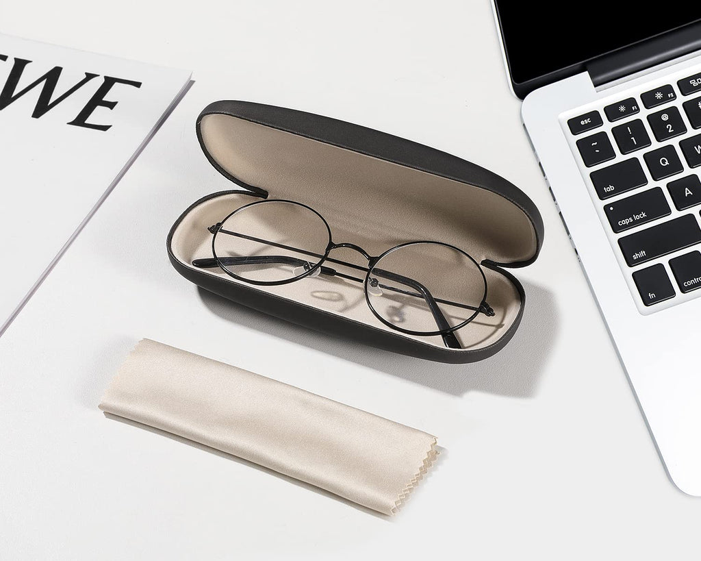 MoKo Hard Shell Eye Glasses Case with Cloth, PU Leather Protective Eyeglasses Cases Storage Organizer Travel for Men Women, Blac
