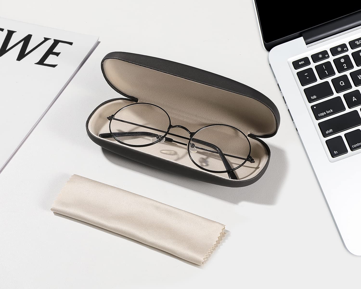 MoKo Hard Shell Eye Glasses Case with Cloth, PU Leather Protective Eyeglasses Cases Storage Organizer Travel for Men Women, Blac