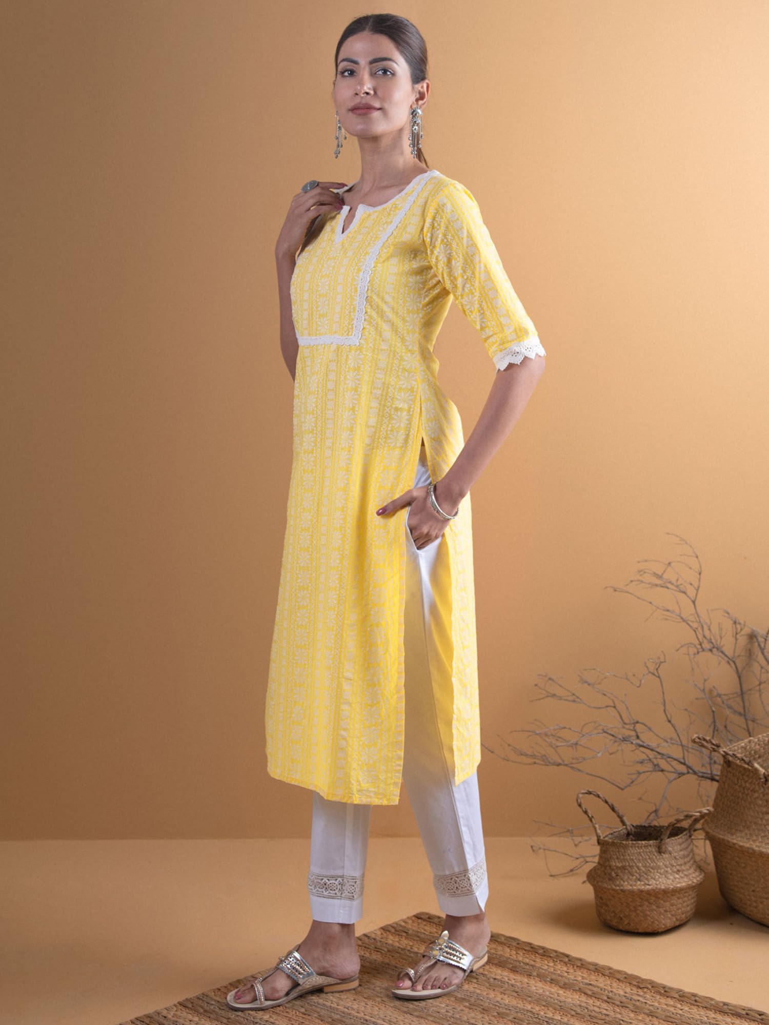Libas Womens Cotton Straight Kurta (8479MJ_Yellow