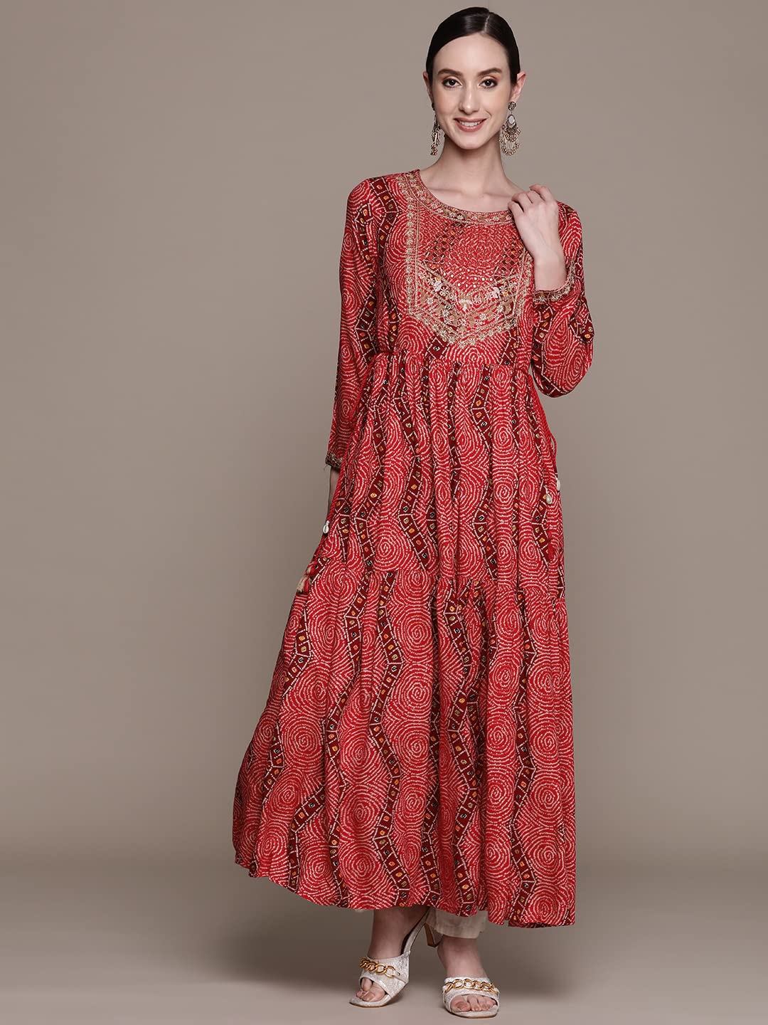 Ishin Women'S Rayon Pink Bandhani Print Embroidered Anarkali Kurta